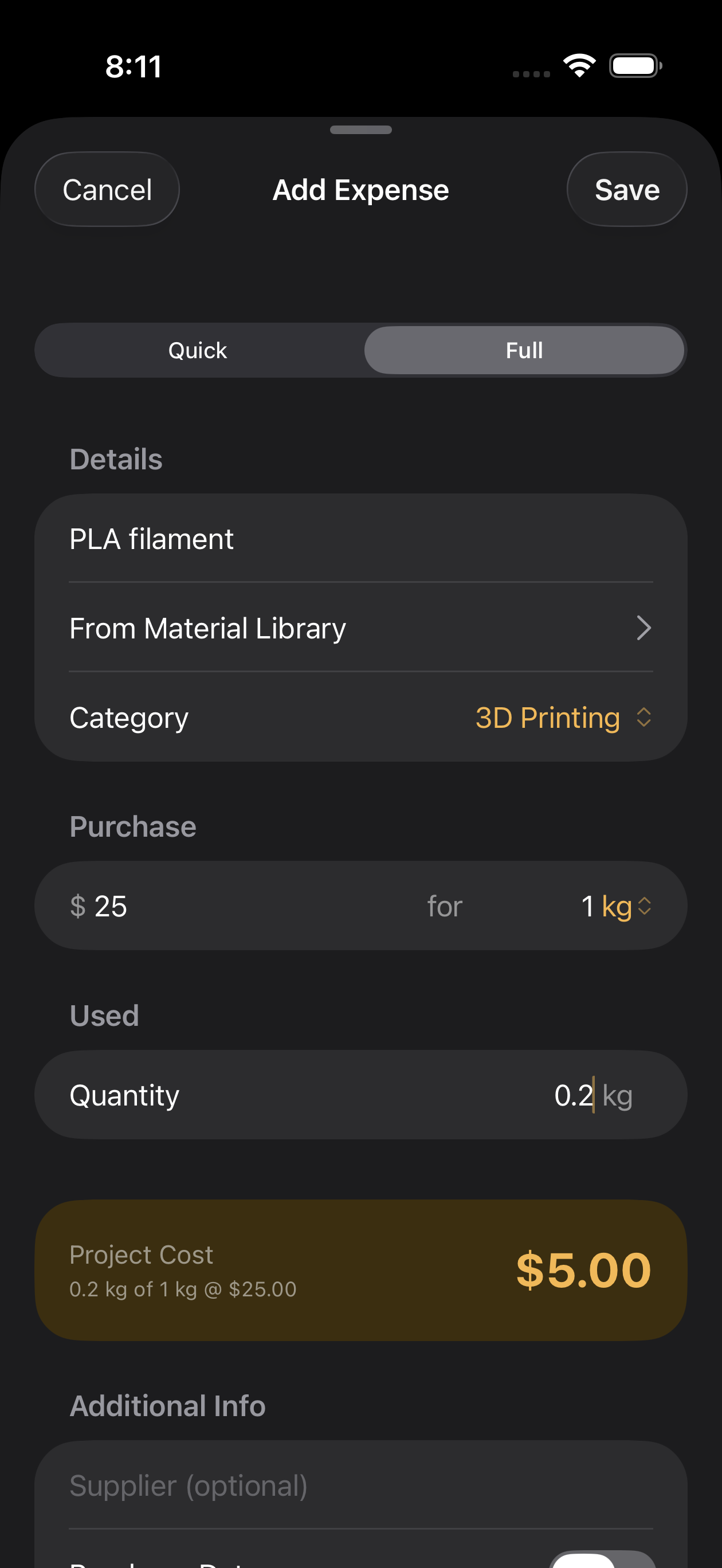 BuildTab expense form showing partial usage calculation — 0.2kg of 1kg at $25 equals $5
