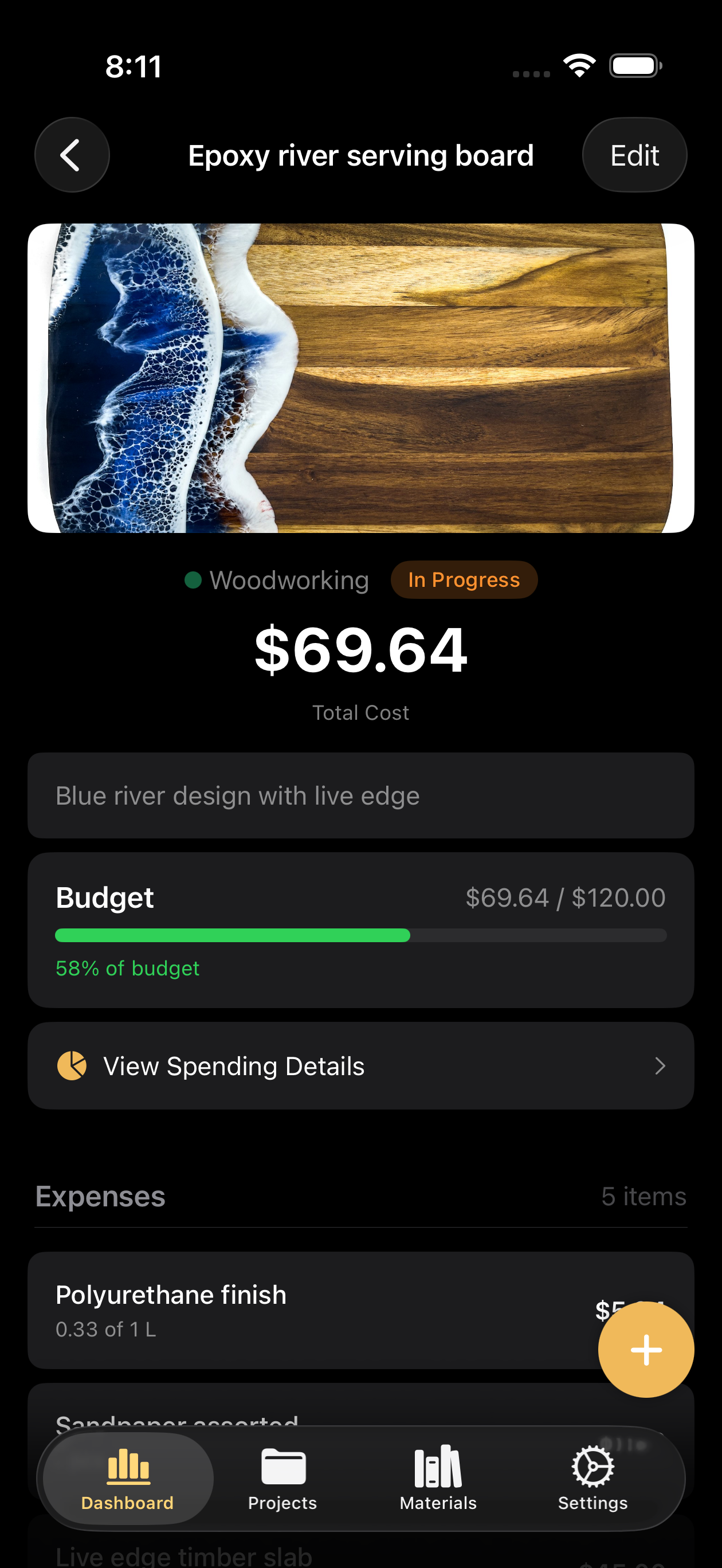 BuildTab project detail showing epoxy river serving board with budget progress and expense list