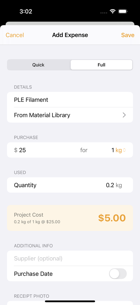 BuildTab expense form showing partial usage calculation — 0.2kg of 1kg at $25 equals $5