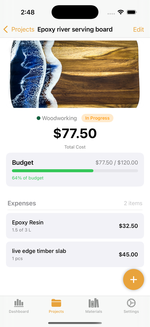 BuildTab project detail showing epoxy river serving board with budget progress and expense list
